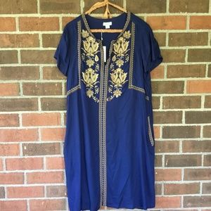 Sundance boho v neck blue dress with gold embroidery, size L